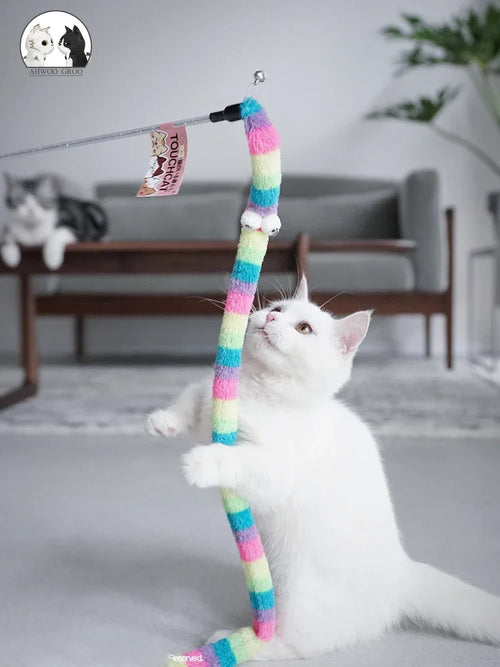 Chat jouant avec la canne teaser télescopique à plumes pour chat