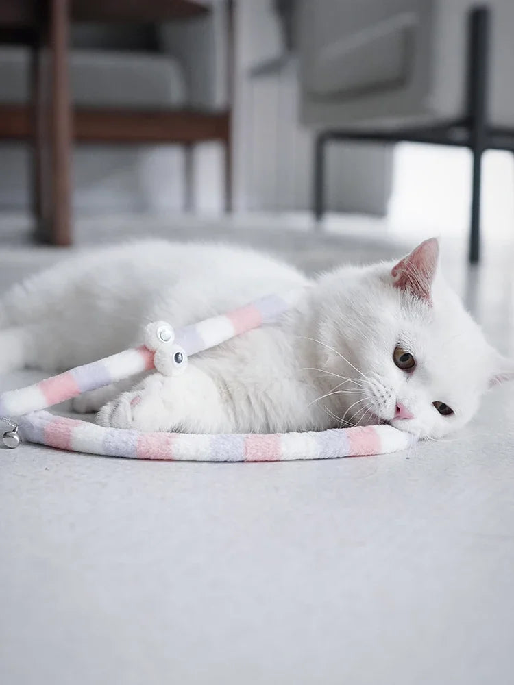 Chat allongé jouant avec la canne teaser pour chat